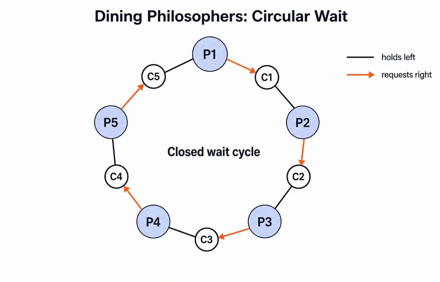 Five philosophers around a circle, five chopstick nodes between them, every philosopher holding the left chopstick with an arrow requesting the right one, forming a closed five-edge cycle.