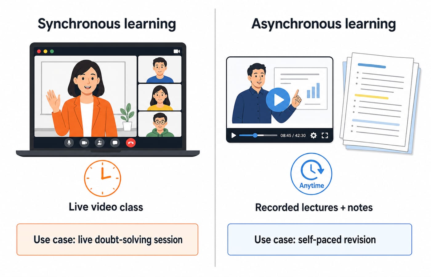 A two-column contrast of synchronous learning, a live video class with a clock icon, versus asynchronous learning, recorded lectures and notes with an anytime icon, each with one classroom use-case beneath.