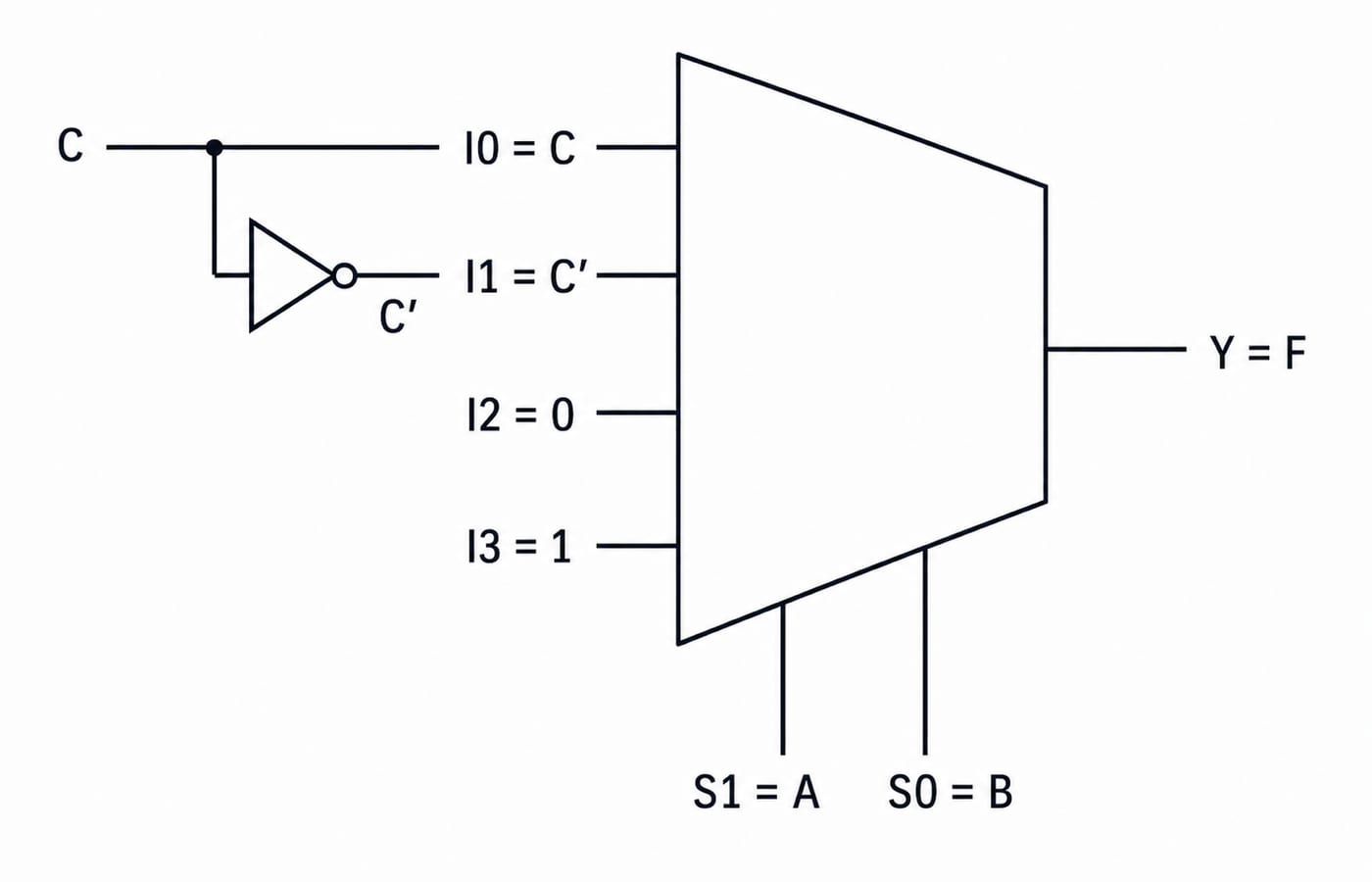 A 4-to-1 multiplexer realizing F(A,B,C). Select lines S1=A, S0=B. Data inputs labelled I0=C, I1=C', I2=0, I3=1. Output Y=F. A small inverter shown producing C' from C.