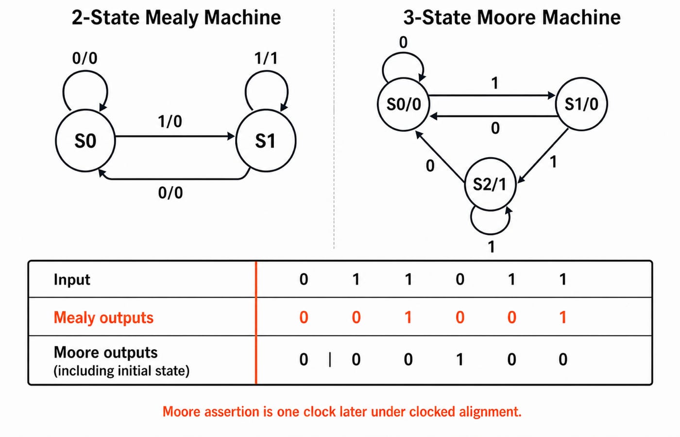 Side by side state diagrams of the two-state Mealy and three-state Moore 11 detectors, above a trace table where the Moore row is shifted one clock after the Mealy row.