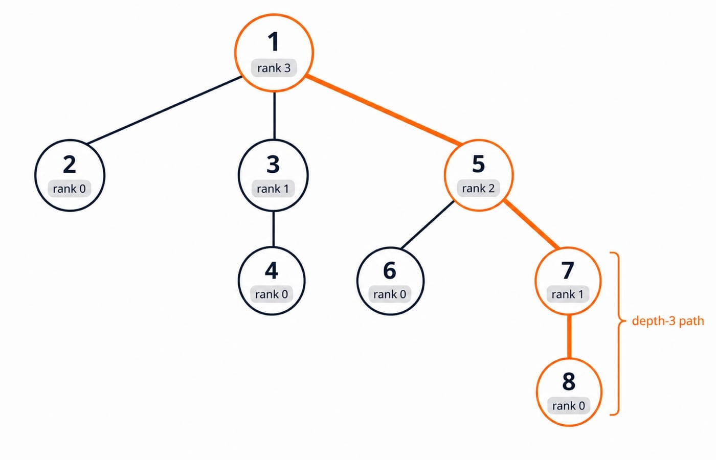 Disjoint-set forest after the seven unions: root 1 has rank 3, and the depth-3 path 1-5-7-8 is highlighted.