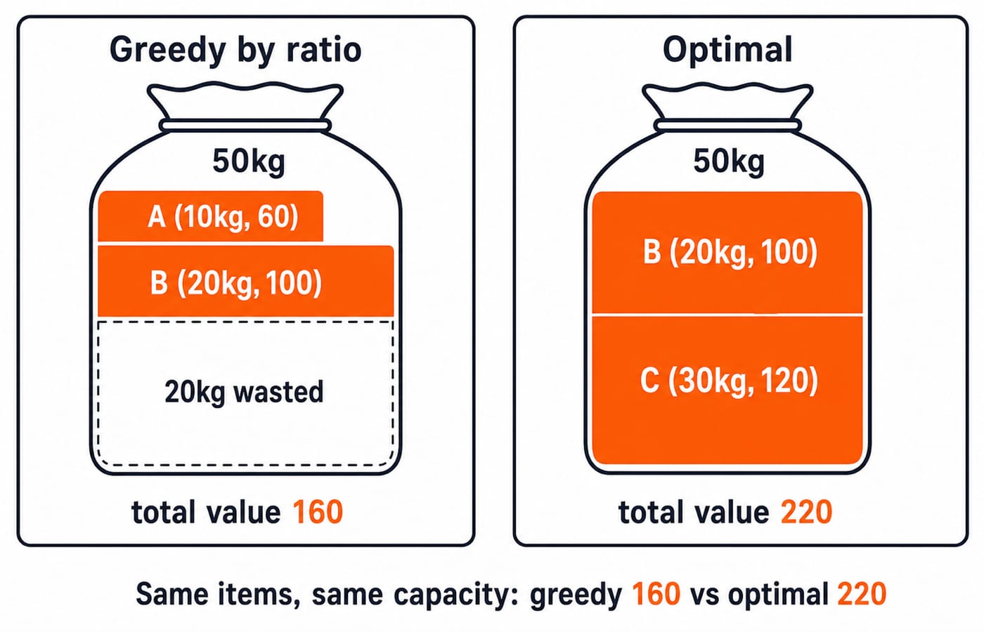 Two panels for the 0/1 knapsack instance: greedy by ratio reaches value 160 while the optimal choice reaches 220.