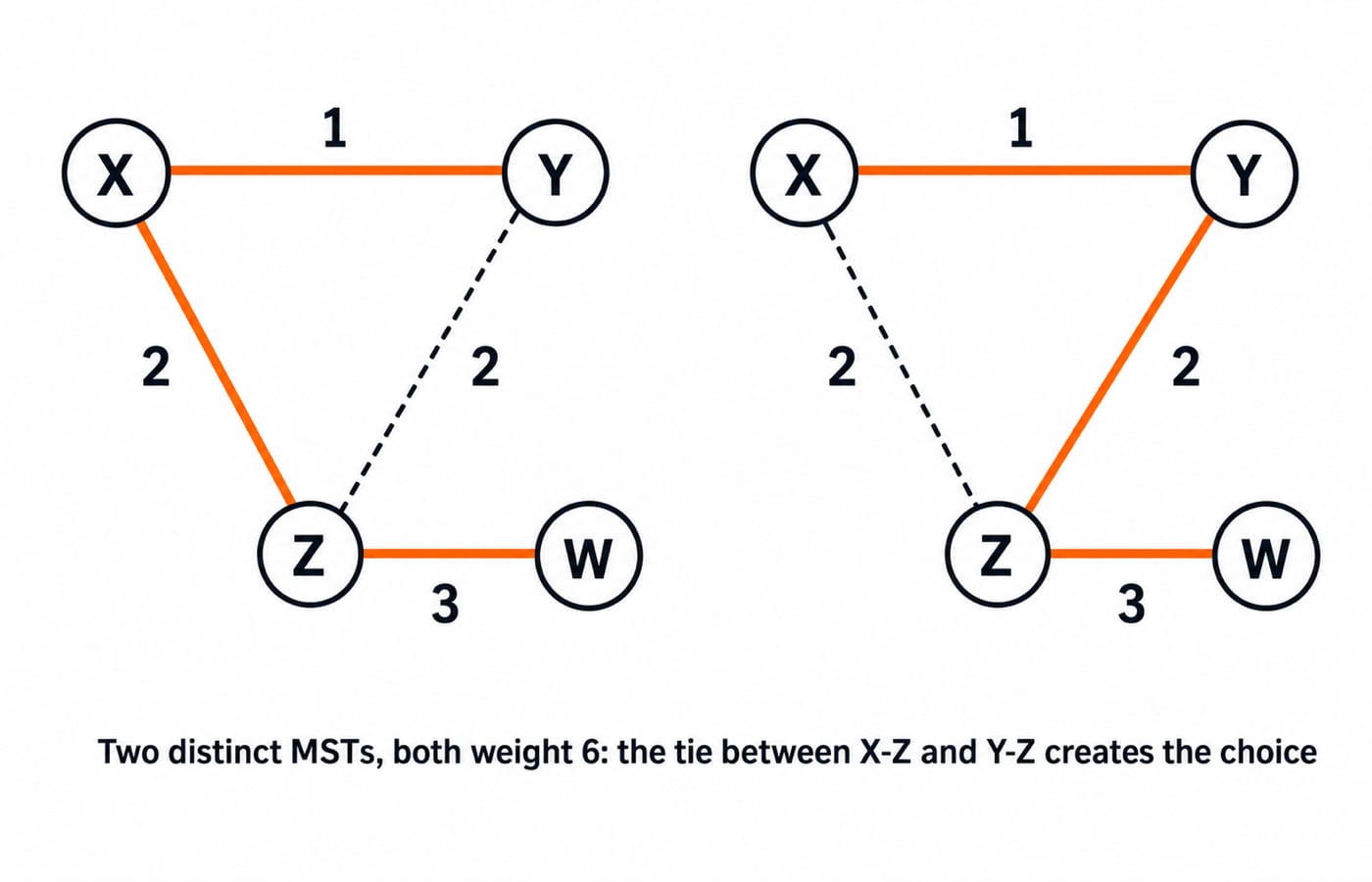 The four-vertex graph drawn twice, each panel showing one of the two weight-6 MSTs created by the X-Z versus Y-Z tie.