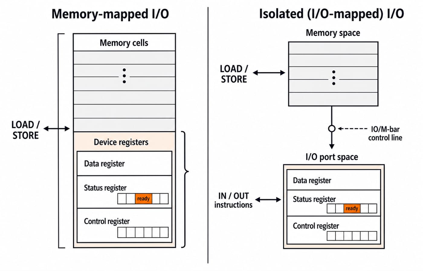 Comparison of memory-mapped I/O sharing one address space with isolated I/O, which uses a separate port space and IN and OUT instructions.