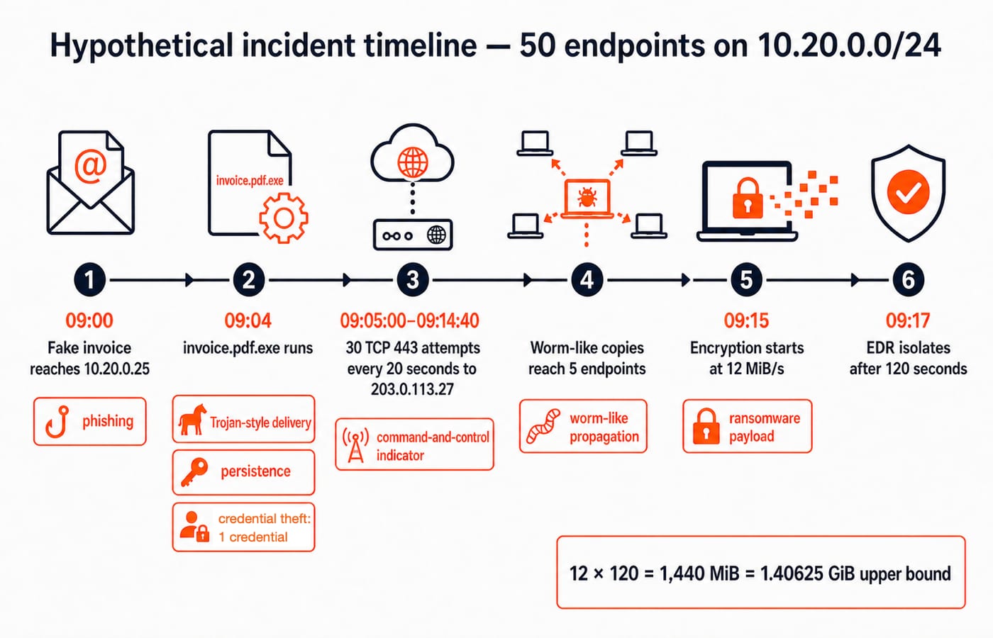 Timeline of the hypothetical 10.20.0.0/24 incident from the 09:00 fake invoice to EDR isolation at 09:17, with a 1,440 MiB upper bound.
