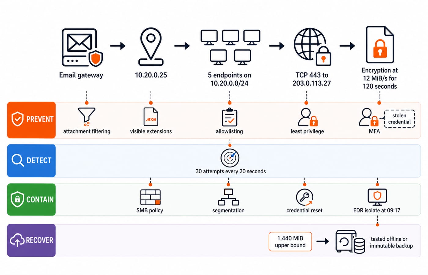 Layered controls mapped to prevent, detect, contain and recover stages across the same email-to-encryption incident chain.