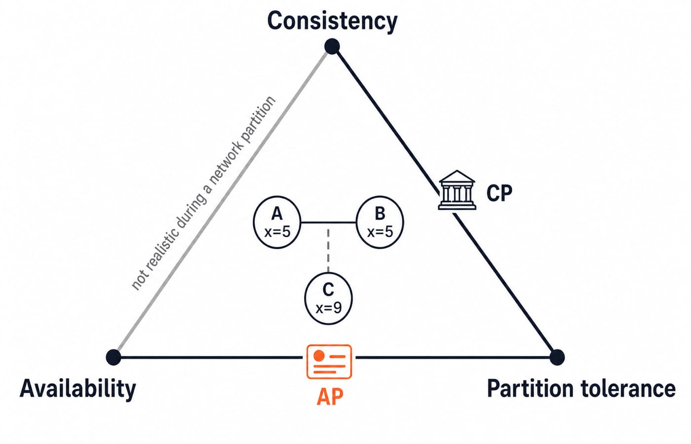 A CAP triangle with consistency plus availability greyed during a partition, a bank on the CP edge and a social feed on the AP edge.