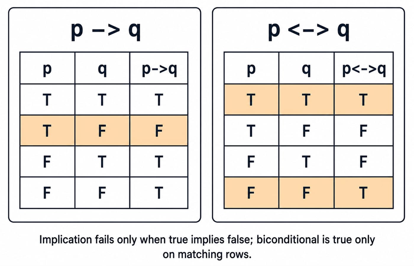 Two side-by-side truth tables: p → q, with its only false row (p true, q false) highlighted; and p ↔ q, with its two true rows, T T and F F, highlighted.