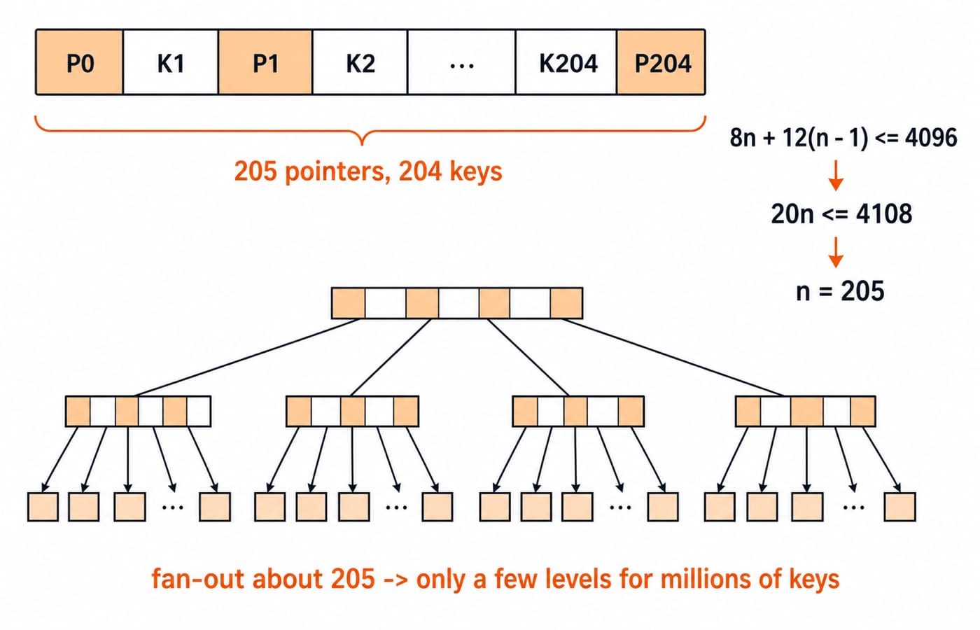 A B+ tree internal node holding 205 pointers and 204 keys, showing how high fan-out keeps large indexes only a few levels deep.
