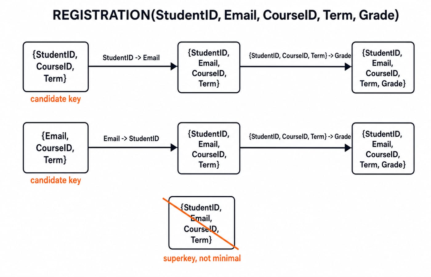 Attribute-closure diagram for REGISTRATION showing two candidate keys and the extraneous-Email superkey crossed out.