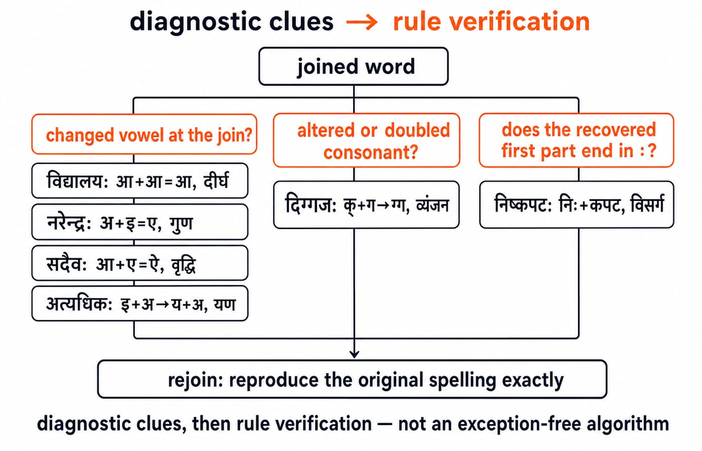 A boundary-first decision chart sorting विद्यालय, नरेन्द्र, सदैव, अत्यधिक, दिग्गज and निष्कपट to their संधि rule and type.