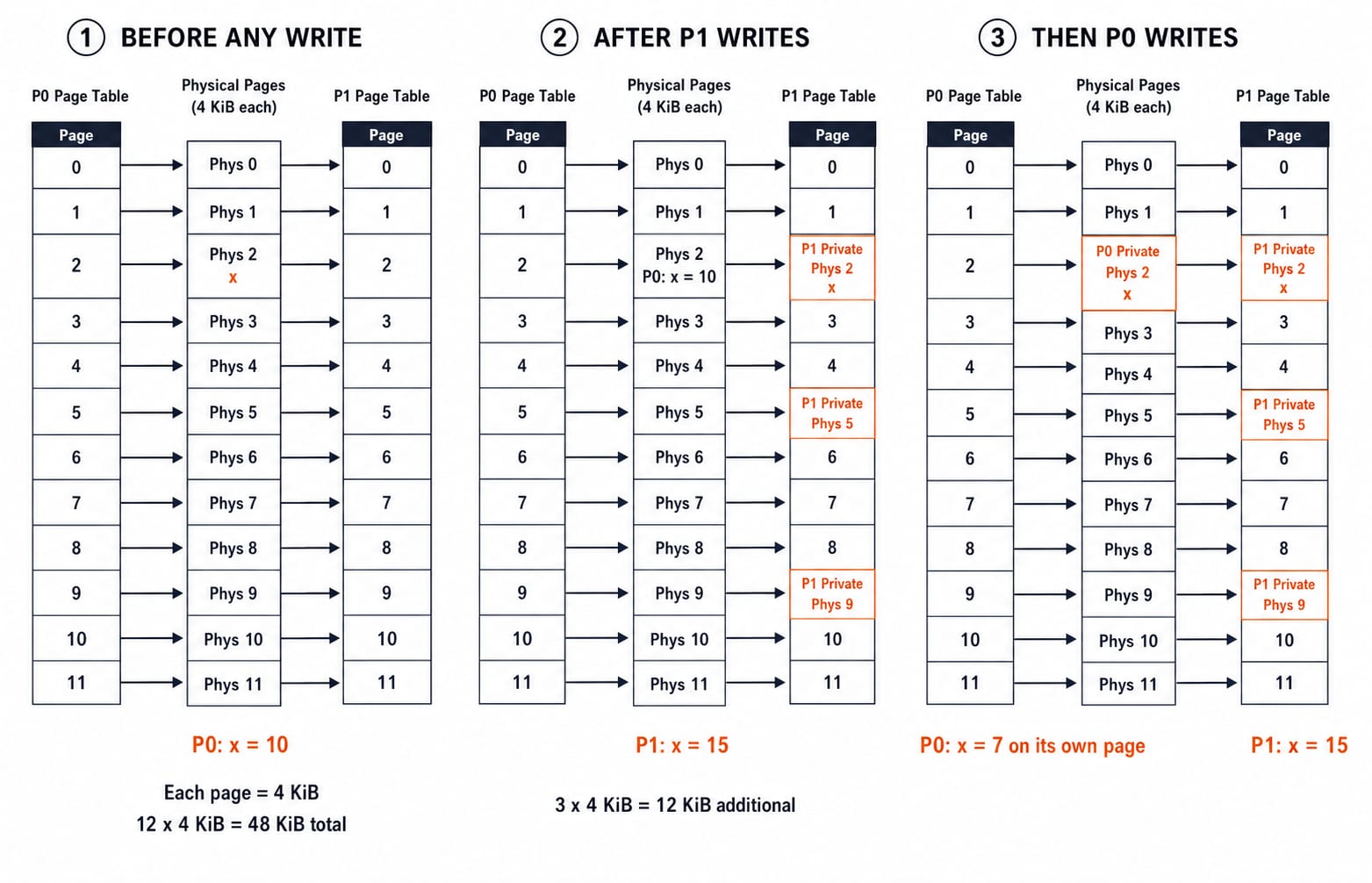 Copy-on-write after fork() in three panels: P0 and P1 share twelve 4 KiB pages, then P1 takes private copies of pages 2, 5 and 9, then P0 takes its own copy of page 2.