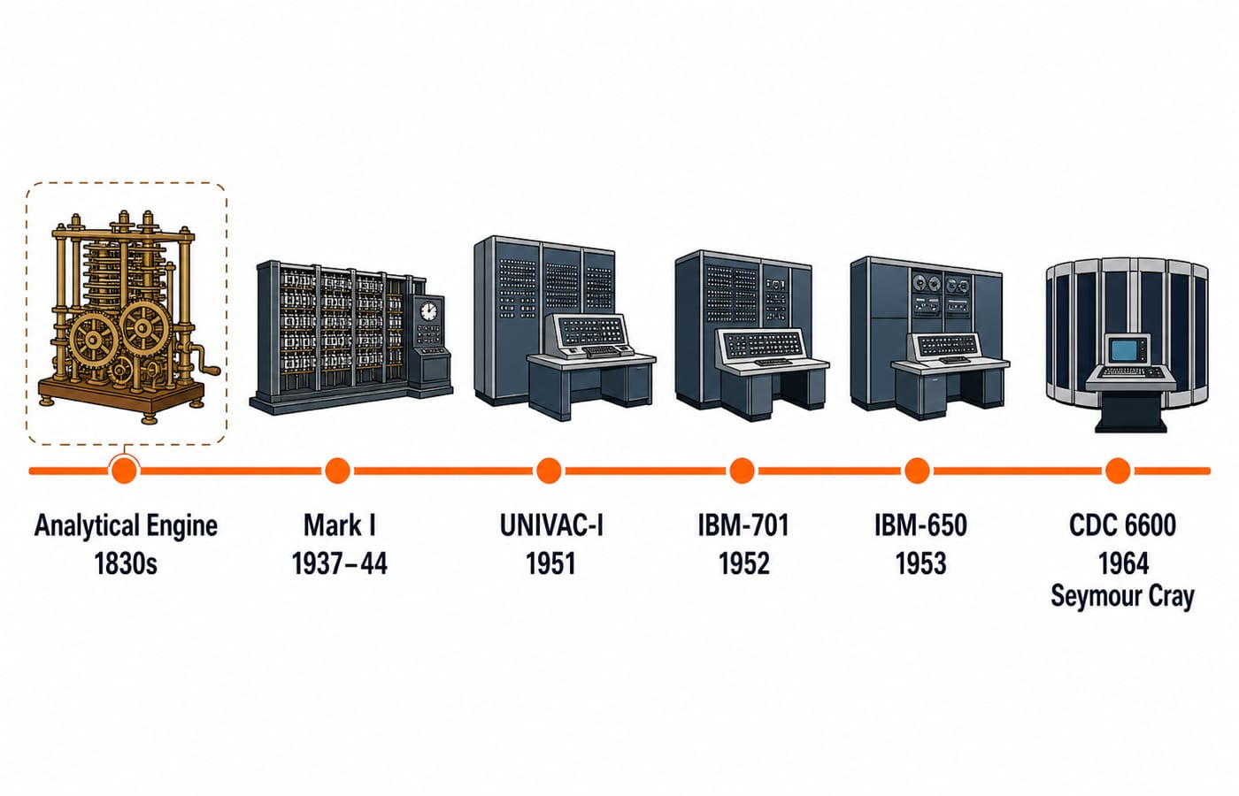 A left-to-right timeline of early computers from Babbage's Analytical Engine through Mark I, UNIVAC-I, IBM-701 and IBM-650 to the CDC 6600 in 1964.