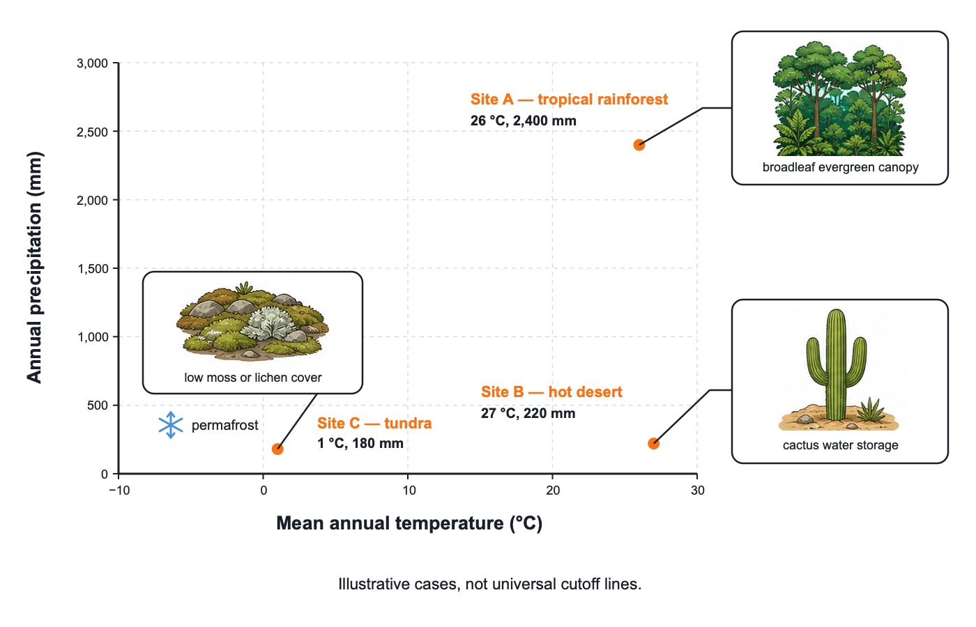Scatter plot of annual precipitation against mean annual temperature marking Site A at 26 C and 2,400 mm as tropical rainforest, Site B at 27 C and 220 mm as hot desert, and Site C at 1 C and 180 mm with permafrost as tundra.