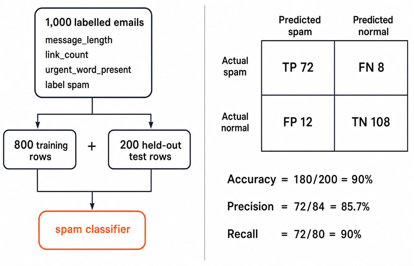 1,000 labelled emails split into 800 training and 200 test rows, with a confusion matrix of 72, 8, 12 and 108 giving 90% accuracy.