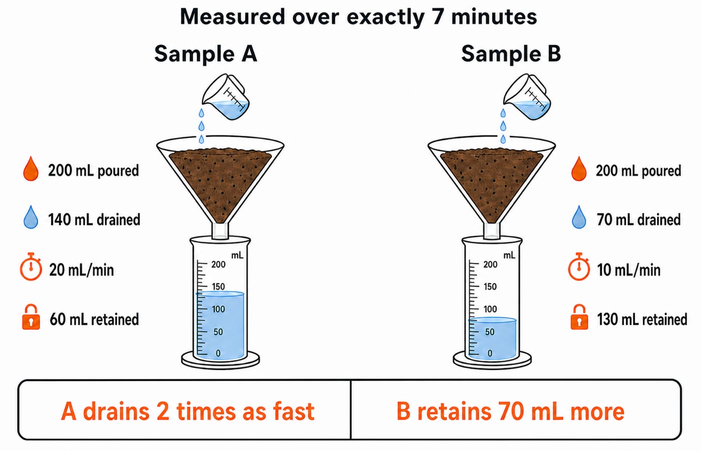 Two funnel setups after 7 minutes: sample A drains 140 mL and sample B drains 70 mL, retaining more water.