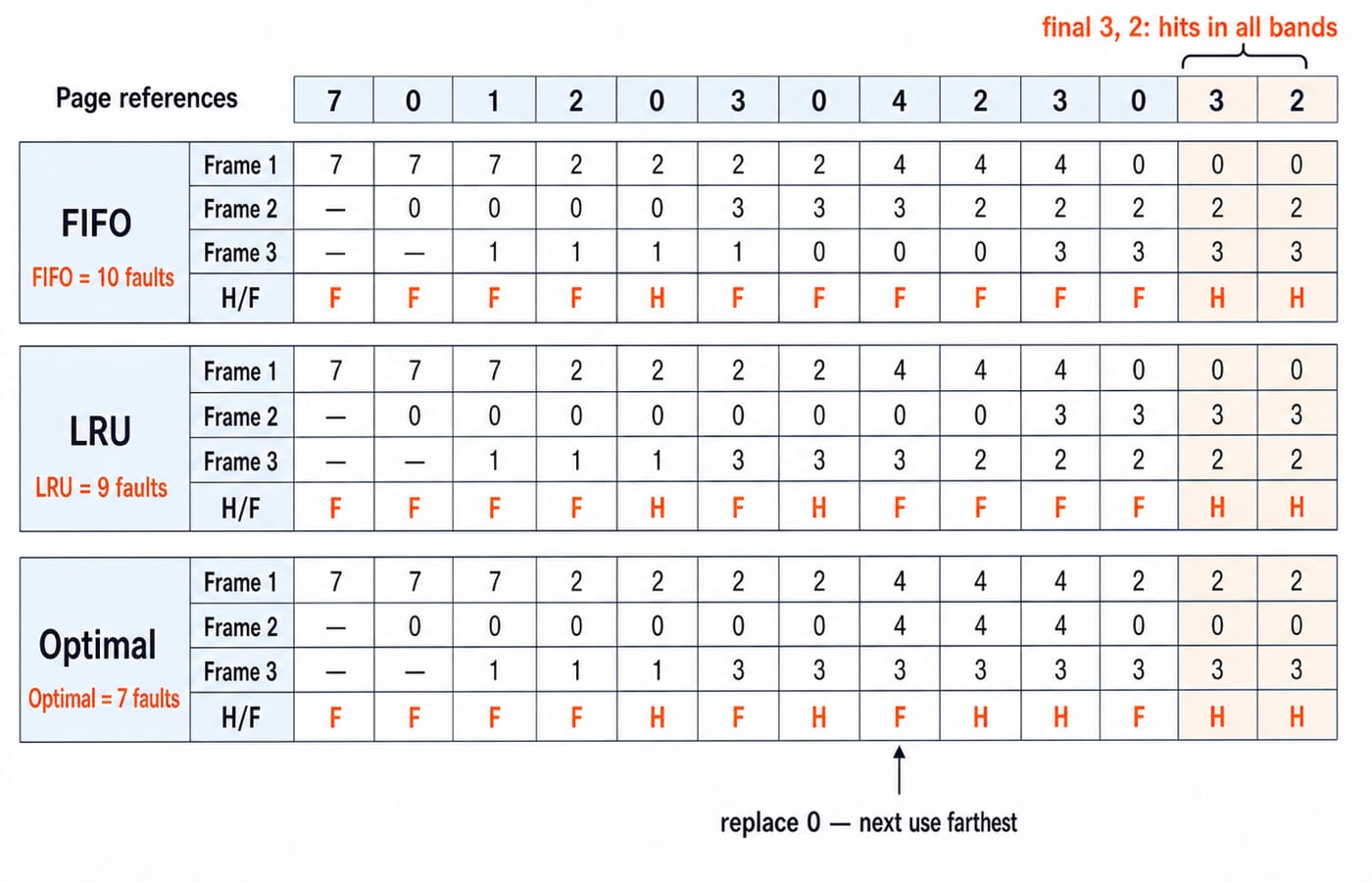 Page replacement trace of the reference string across FIFO, LRU and Optimal, giving 10, 9 and 7 faults.