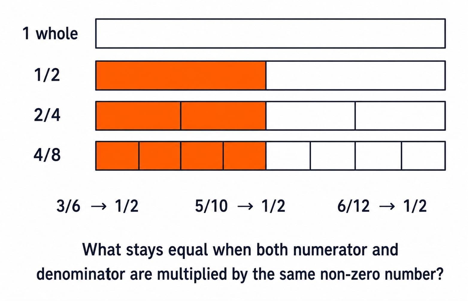 Fraction strips for 1 whole, 1/2, 2/4 and 4/8 aligned to equal length, with a transfer row simplifying 3/6, 5/10 and 6/12 to 1/2.