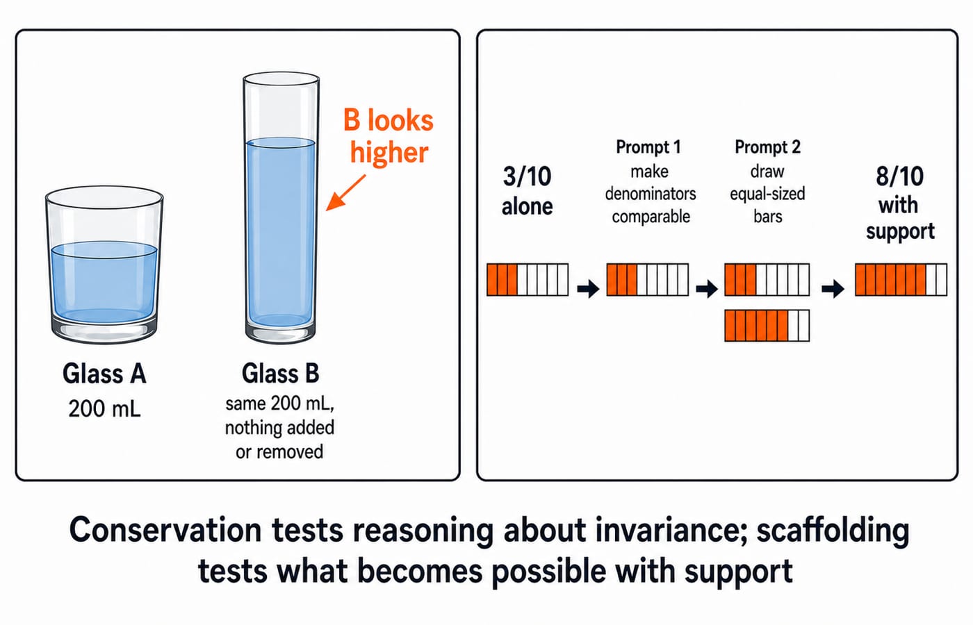 Equal 200 mL of water in a short wide glass and a tall narrow glass, beside Aman moving from 3 of 10 alone to 8 of 10 after two prompts.