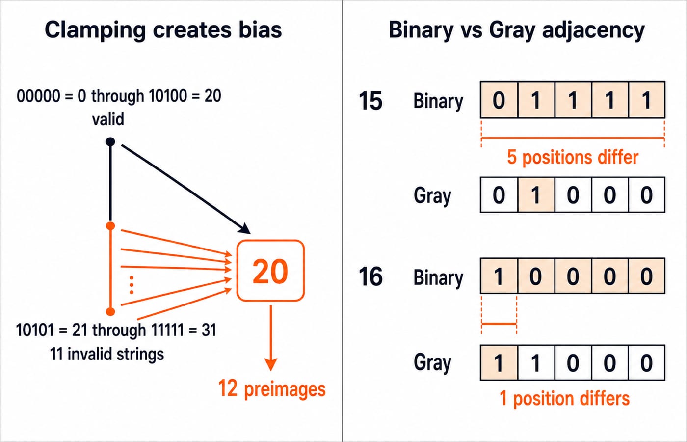 Invalid 5-bit codes clamped to phenotype 20, and how 15 and 16 differ in five binary bits but only one Gray-code bit.