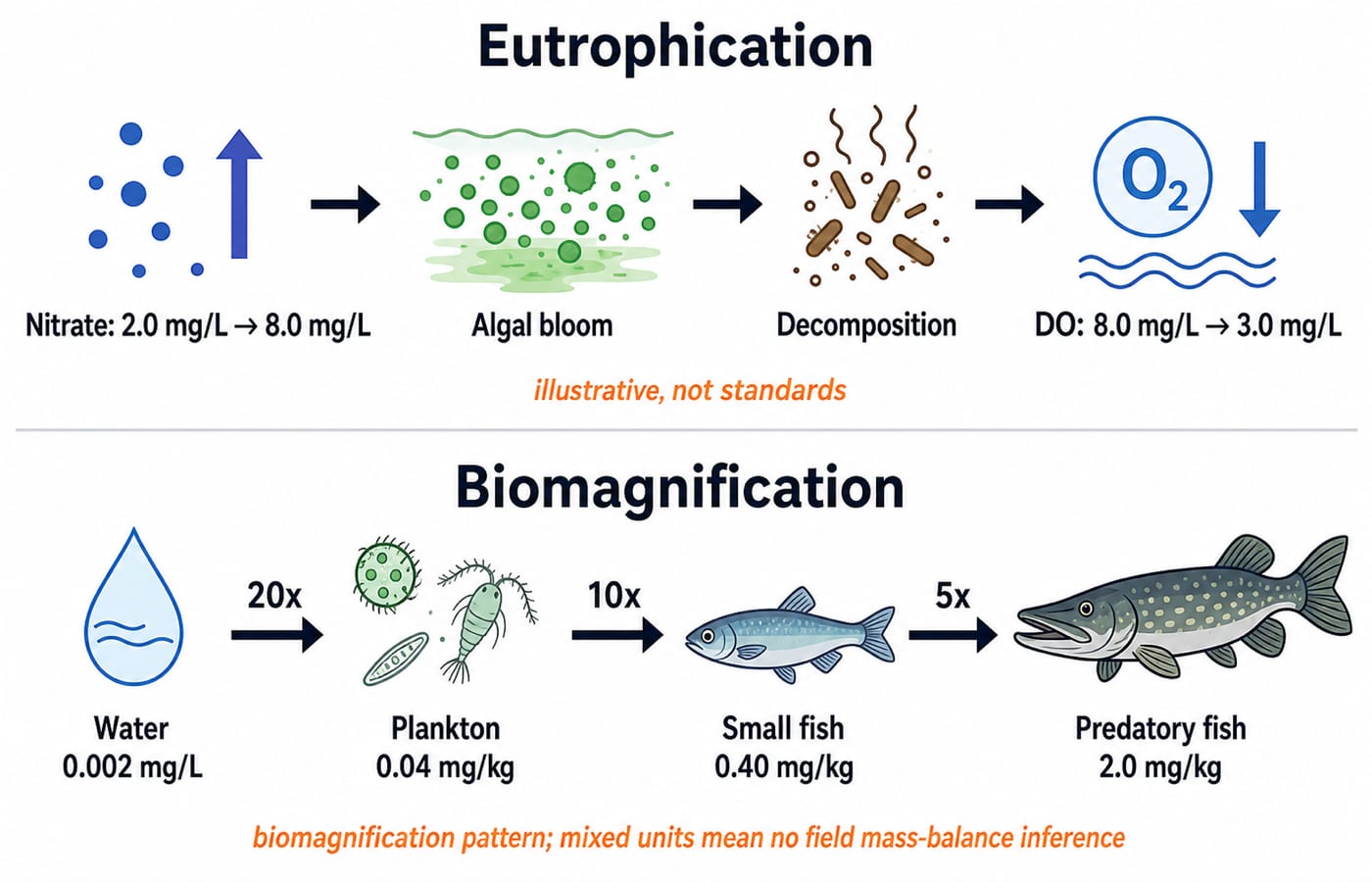 Split figure: rising nitrate drives an algal bloom and dissolved oxygen down from 8.0 to 3.0 mg/L, while a persistent pollutant climbs 20x, 10x then 5x from water to predatory fish.