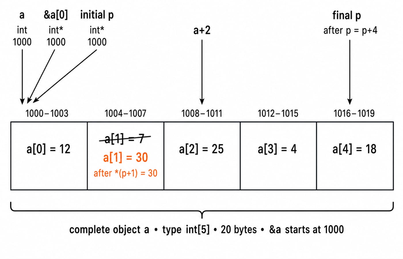 Memory strip of int a[5] starting at address 1000 in 4-byte cells, with a[1] changed to 30 and pointer p moving from 1000 to 1016.