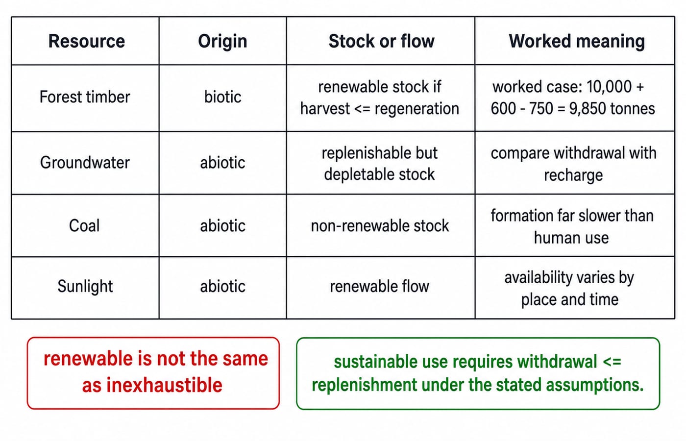 Resource classification matrix showing forest timber, groundwater, coal and sunlight by origin and renewable behaviour.