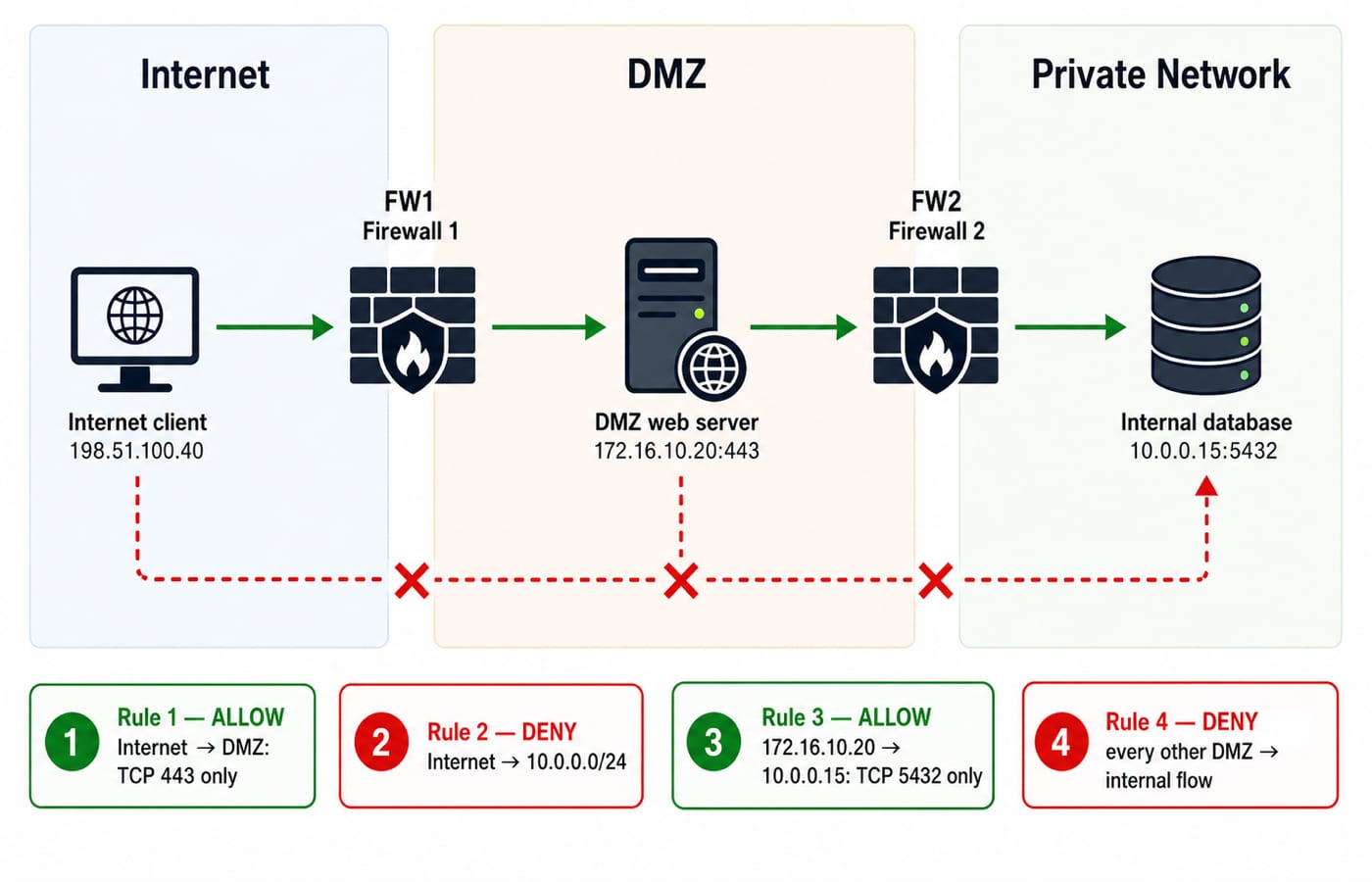 Two-firewall DMZ: FW1 allows the Internet into the DMZ web server on TCP 443 only, and FW2 lets only that server reach the database.