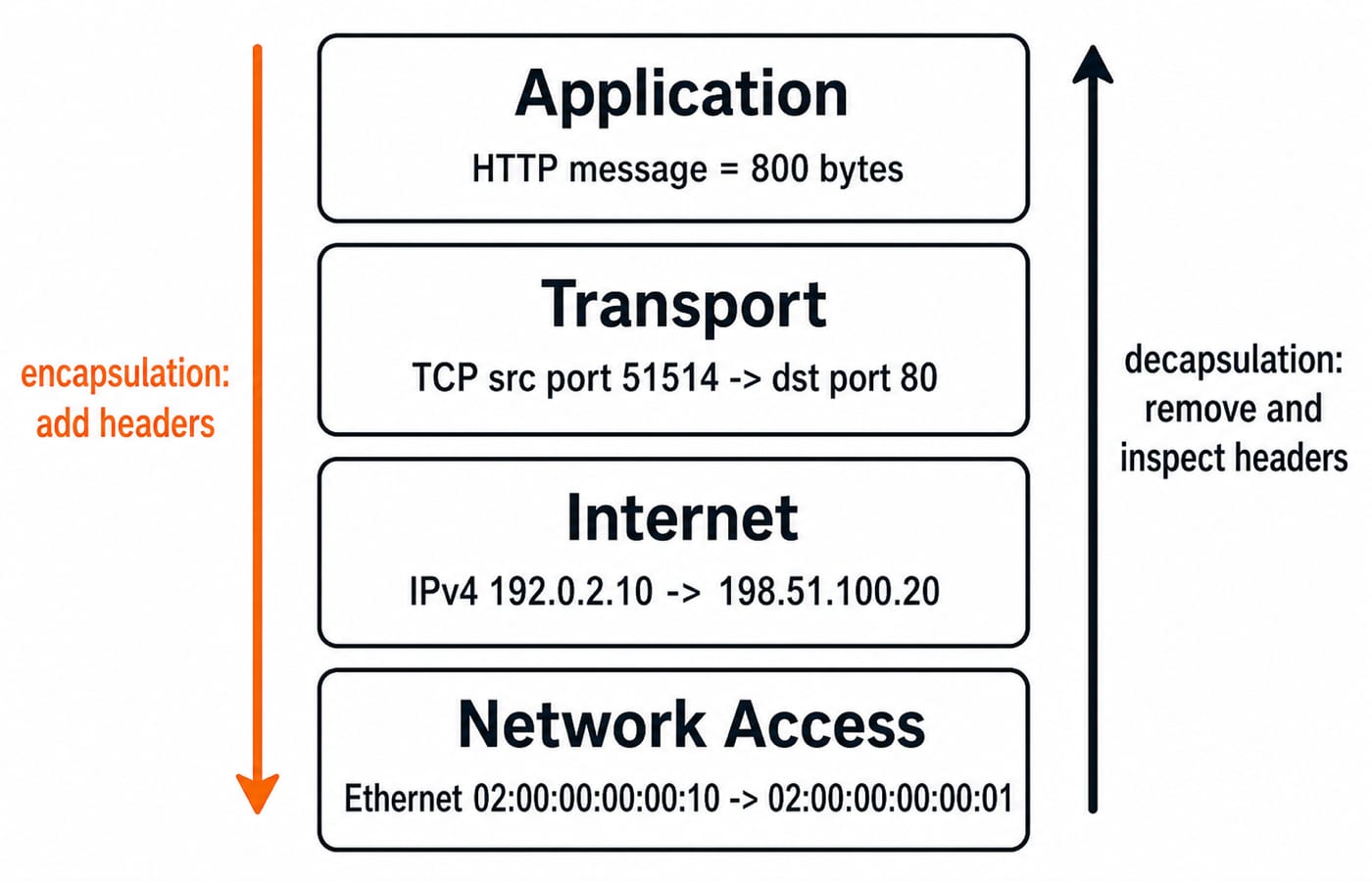 A vertical TCP/IP stack of Application, Transport, Internet and Network Access layers, with headers added going down and removed going up.
