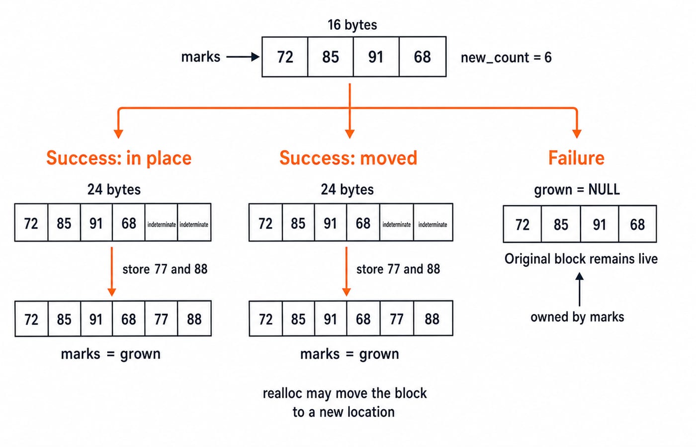 Three realloc branches for the marks block: growth in place, a moved block, and failure that leaves the original live.