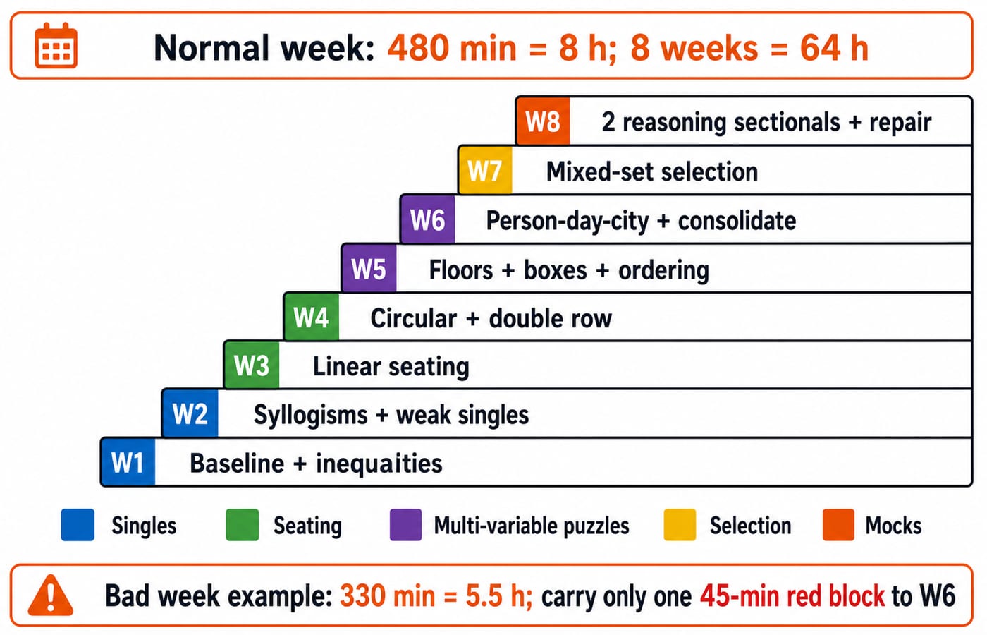 Staircase of weeks W1 to W8, from baseline singles up to two reasoning sectionals, marking an 8-hour week and a 5.5-hour bad-week floor.