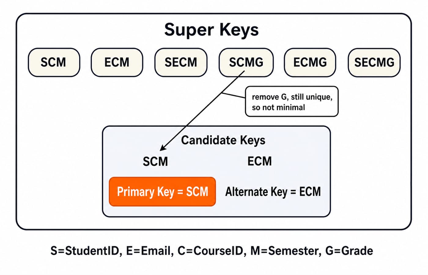 Six super keys nested around the two candidate keys SCM and ECM, with SCM chosen as primary key and ECM as alternate key.