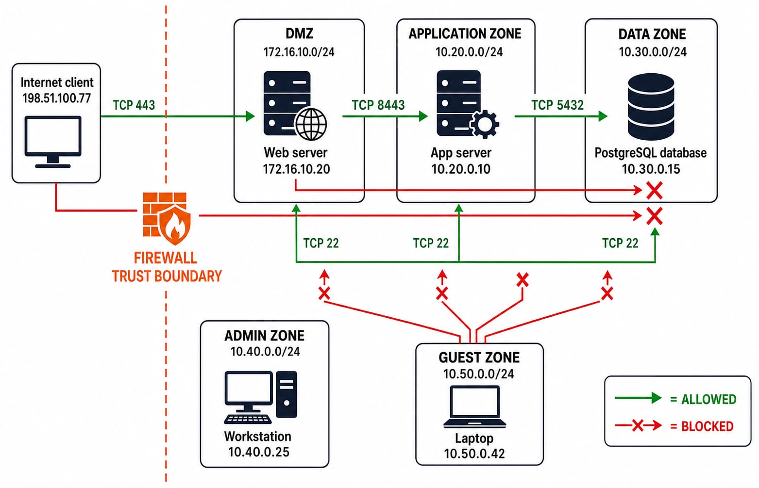 Five-zone network diagram: allowed flows from the Internet client to the web, app and database servers, with guest traffic blocked.