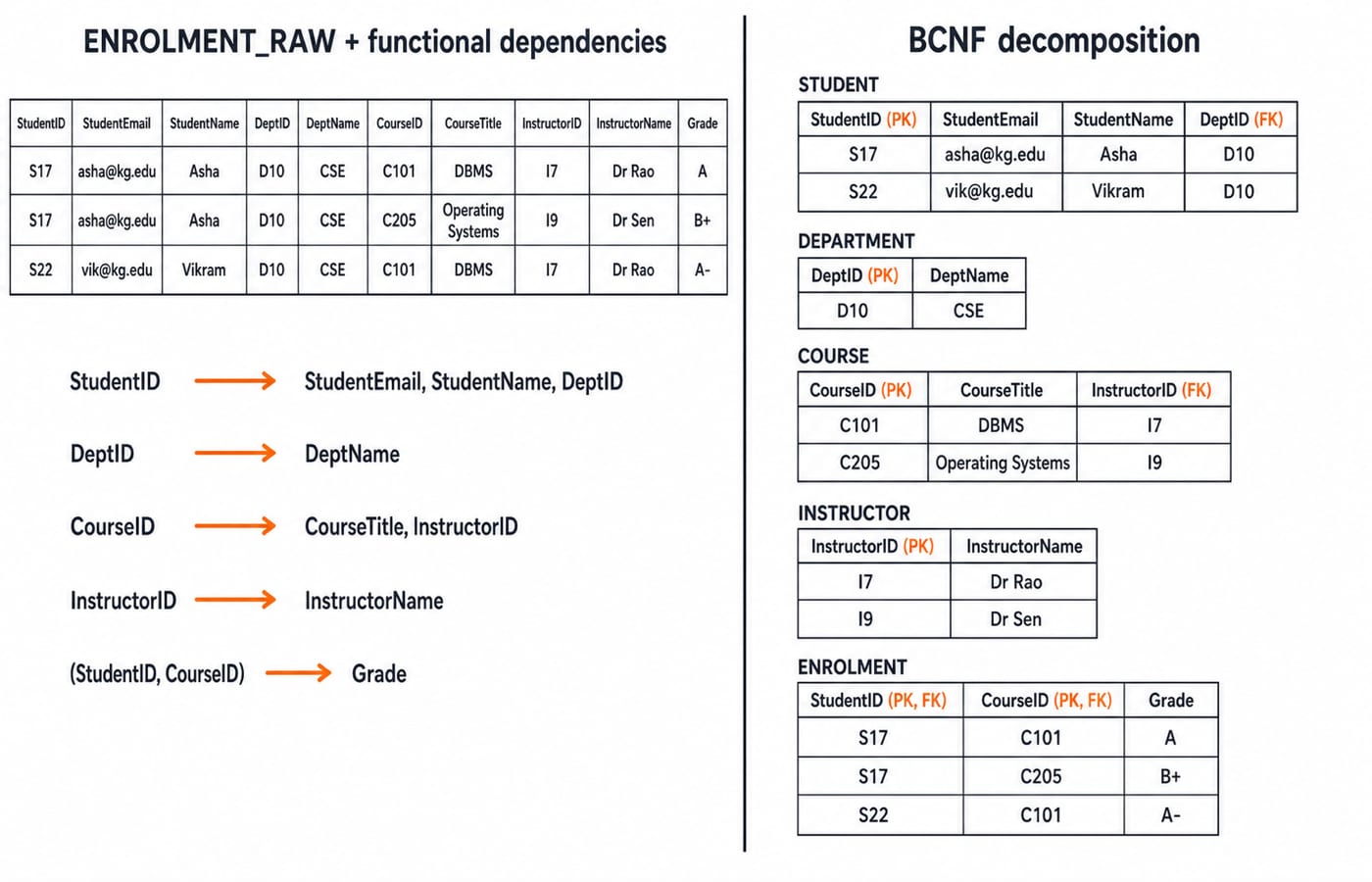 ENROLMENT_RAW rows with their functional dependency arrows, beside the BCNF tables STUDENT, DEPARTMENT, COURSE, INSTRUCTOR and ENROLMENT.