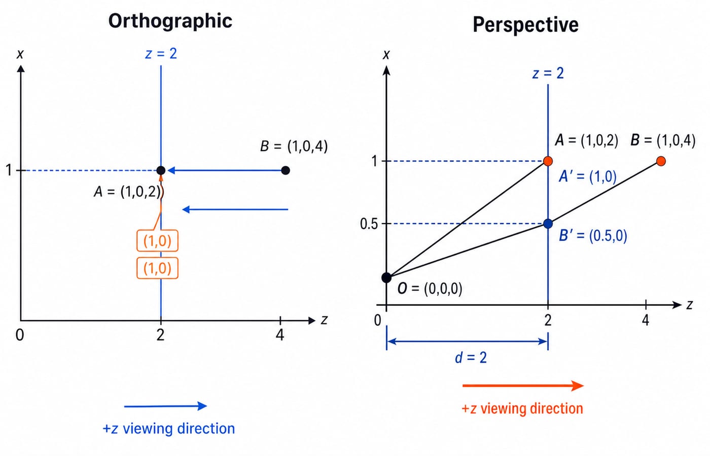 Side-by-side x-z sketches: orthographic projection onto z=2 keeps A and B at (1,0), while perspective from the origin sends B to (0.5,0).