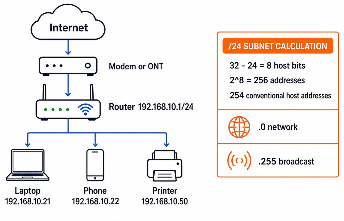 Home network diagram: internet to modem, router 192.168.10.1/24 serving laptop, phone and printer, and /24 subnet maths giving 254 hosts.