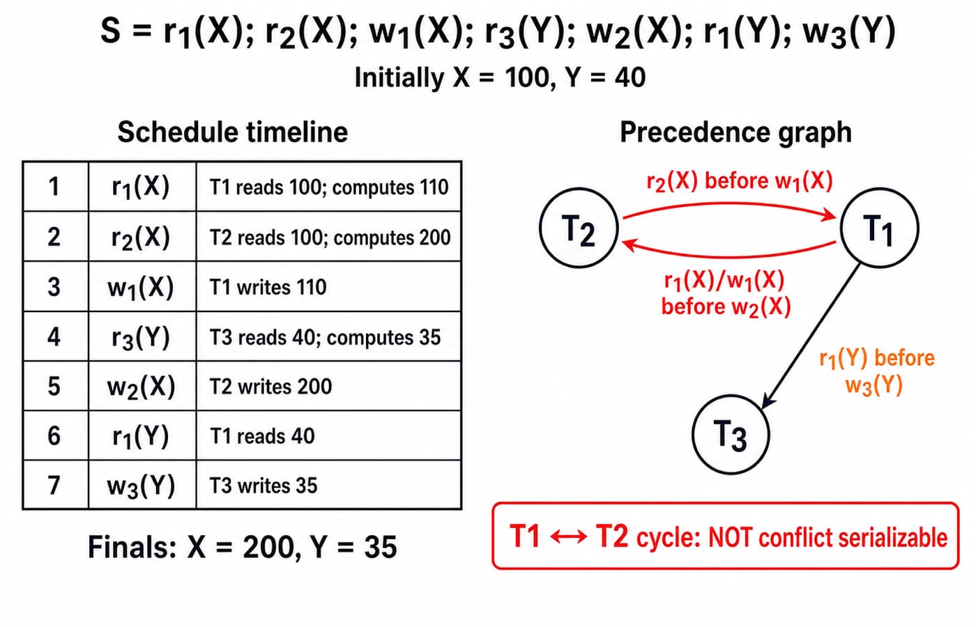Timeline and precedence graph for schedule S, with the T1 and T2 cycle showing it is not conflict serializable.
