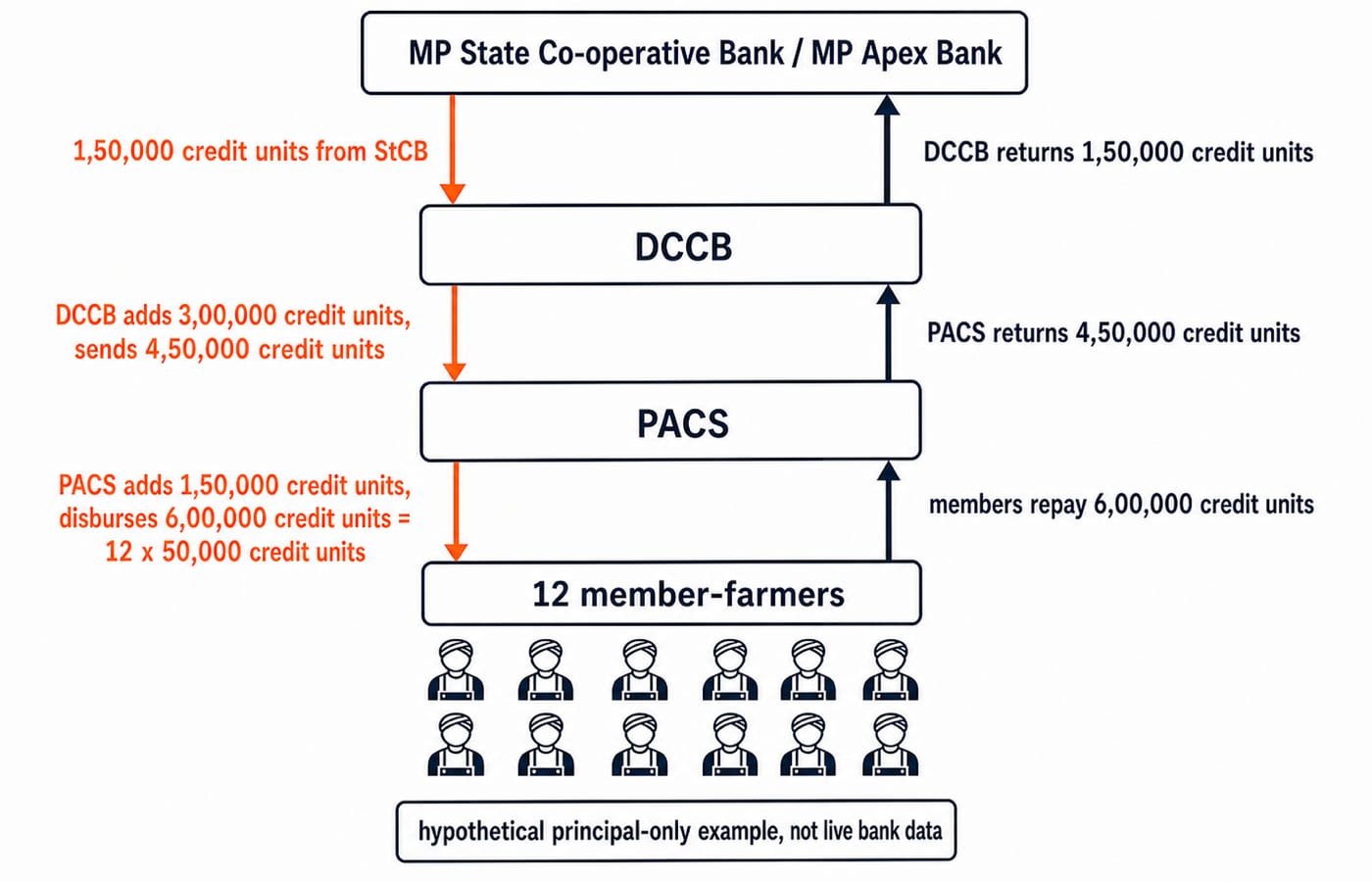Three-tier flowchart: credit flows down from MP Apex Bank through DCCB and PACS to 12 member-farmers, and repayments flow back up.