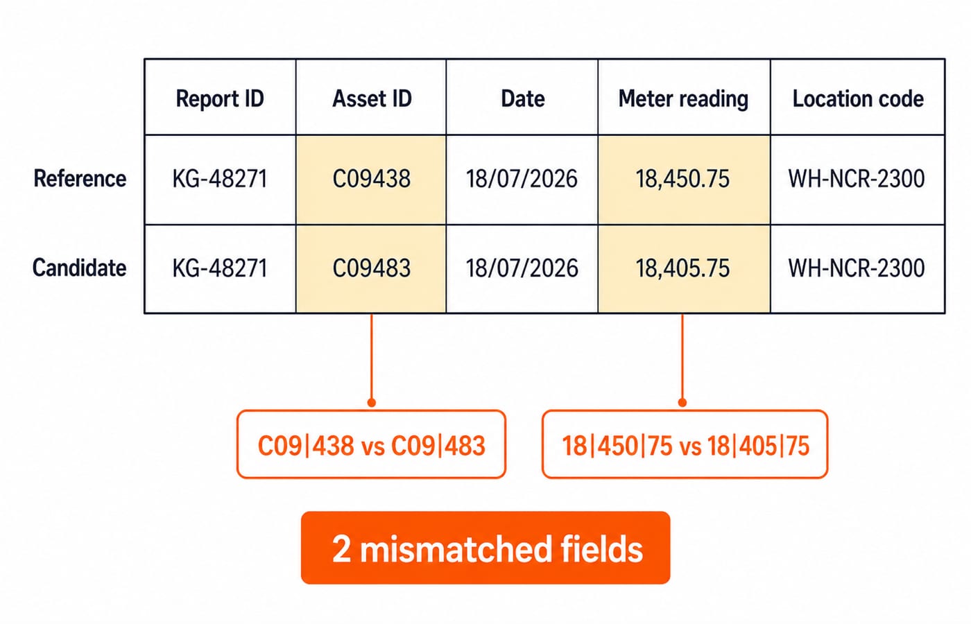 Inspection record table comparing reference and candidate rows, with Asset ID and Meter reading flagged as the two mismatched fields.