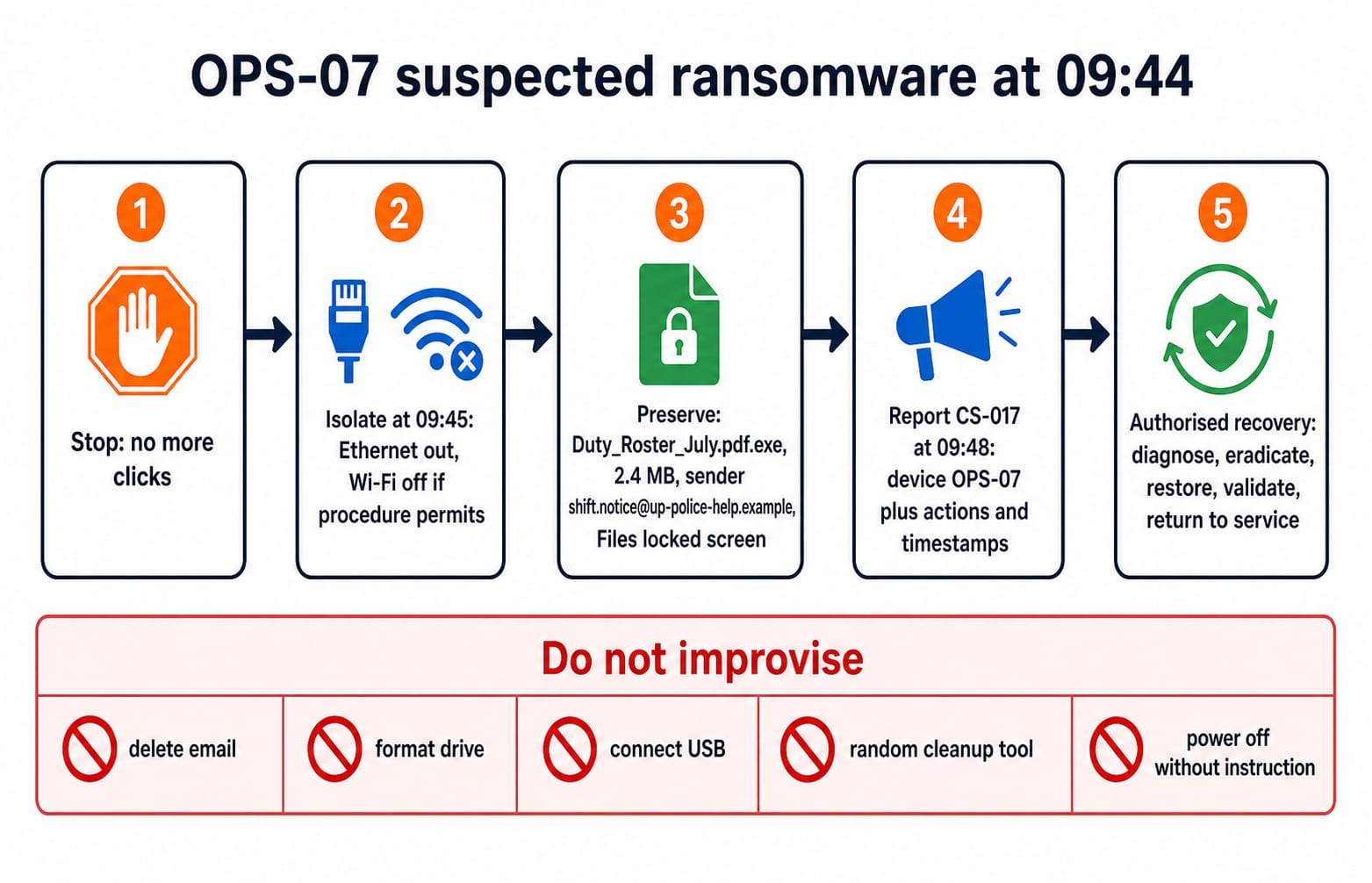 Five-step OPS-07 ransomware response: stop, isolate at 09:45, preserve the file and email, report CS-017 at 09:48, then authorised recovery, above a row of five actions to avoid.