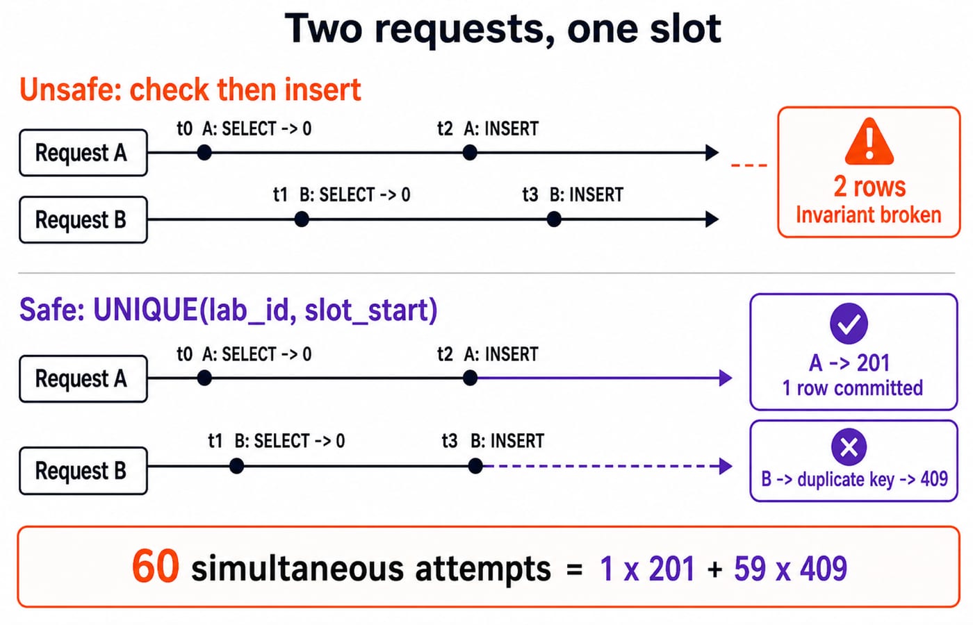 Timeline of two requests racing for one slot: the unique key lets one insert commit as 201 and rejects the duplicate as 409.