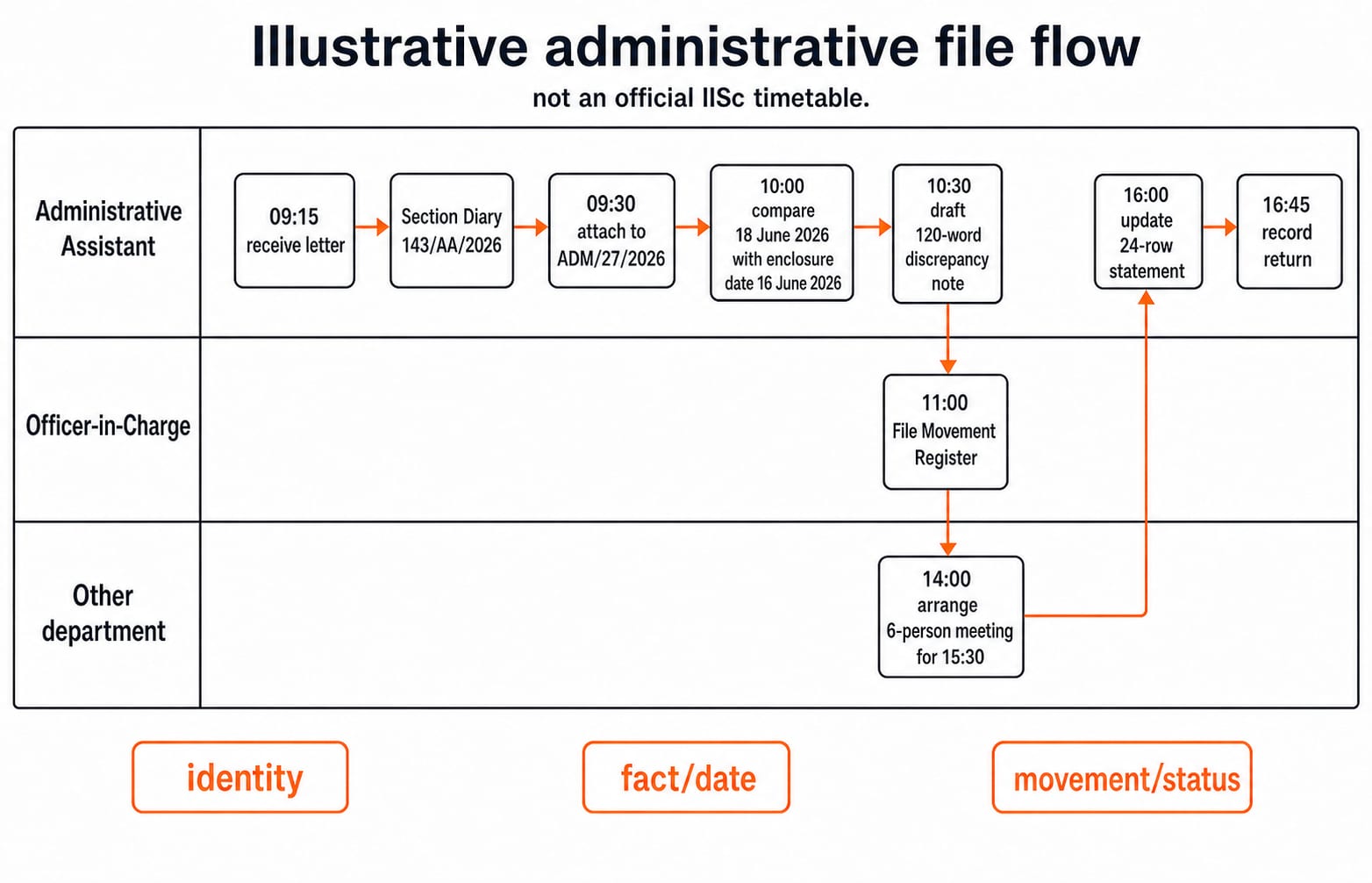 Swimlane diagram tracing an illustrative office file from the 09:15 letter and Section Diary entry, through a date-discrepancy note, the Officer-in-Charge lane and a meeting, to the 16:45 return entry.