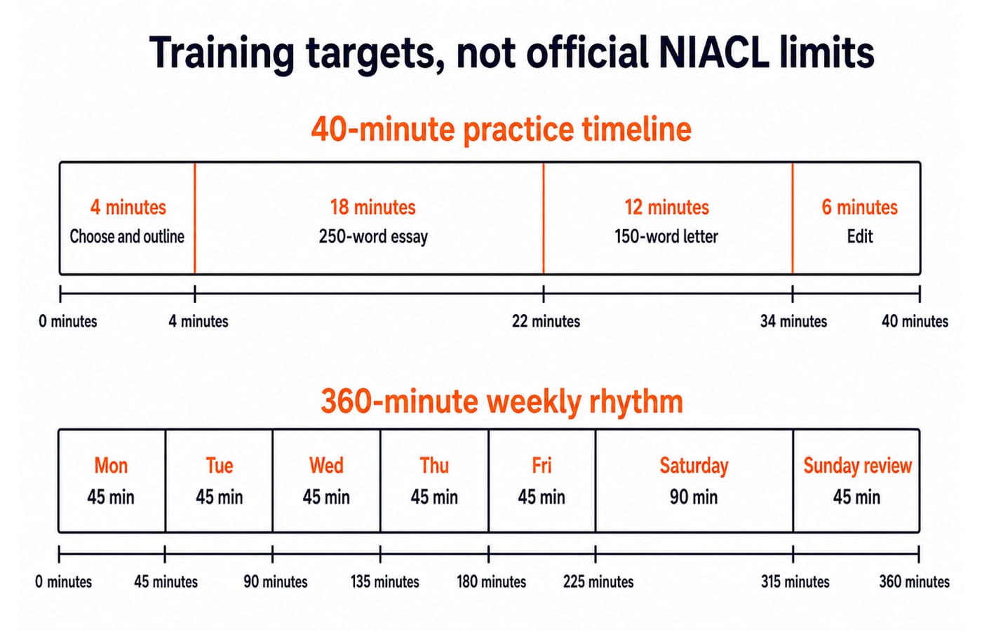 Practice dashboard: the 40-minute drill split (choose, essay, letter, edit) above the six-hour weekly block rhythm.