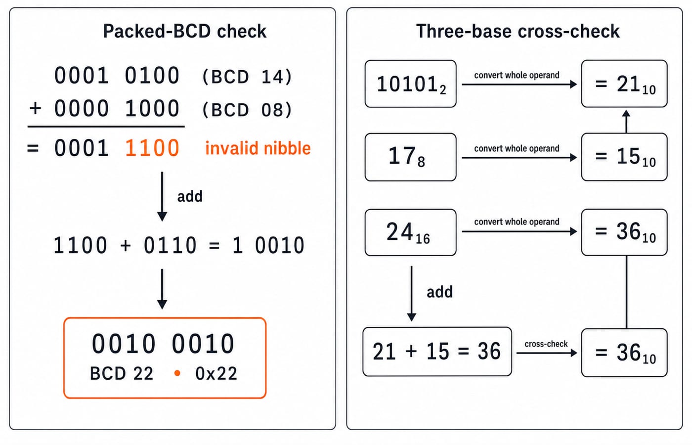 Worked panels showing the Q8 BCD addition 0x14 + 0x08 = 0x22 and the Q9 mixed-base equality 10101₂ + 17₈ = 24₁₆.