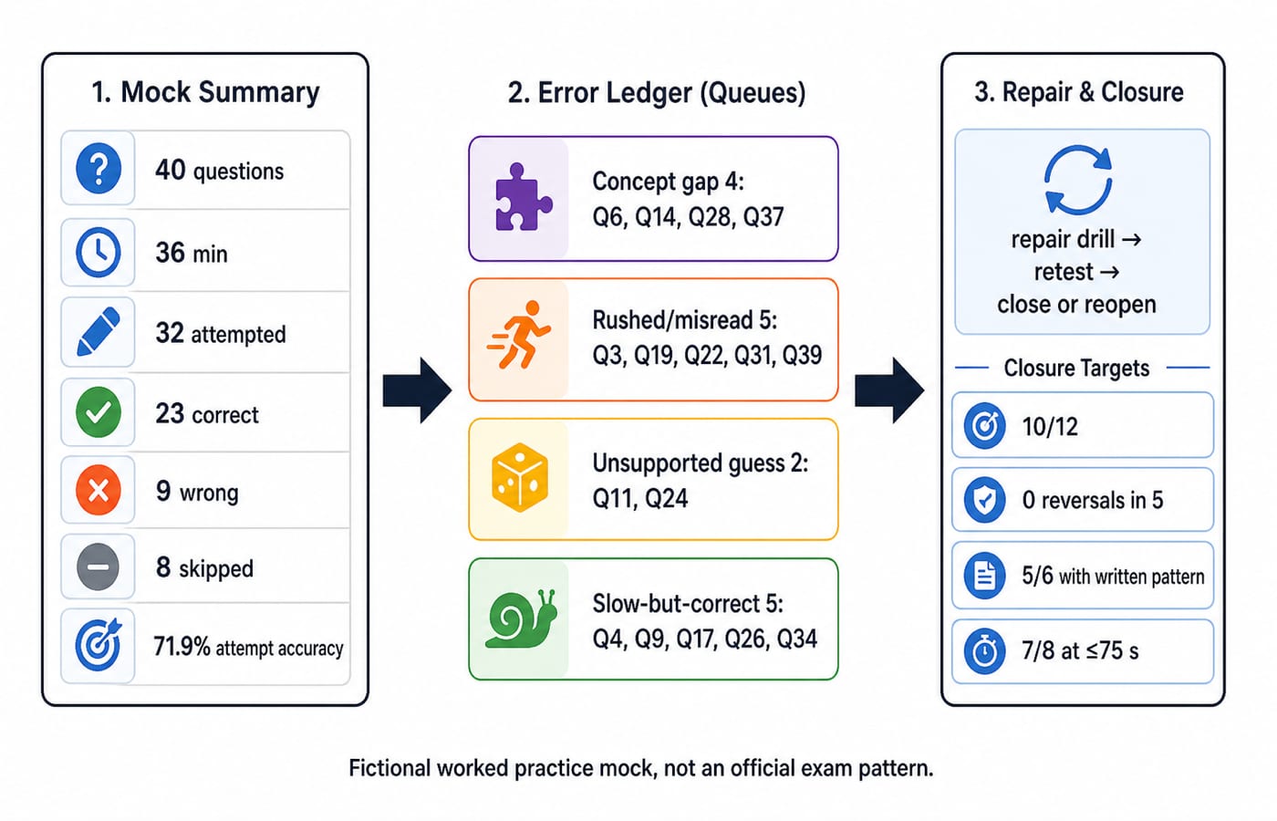 An error-ledger pipeline sorting a 40-question mock into four repair queues, each flowing to a drill, a retest, and a close-or-reopen rule.