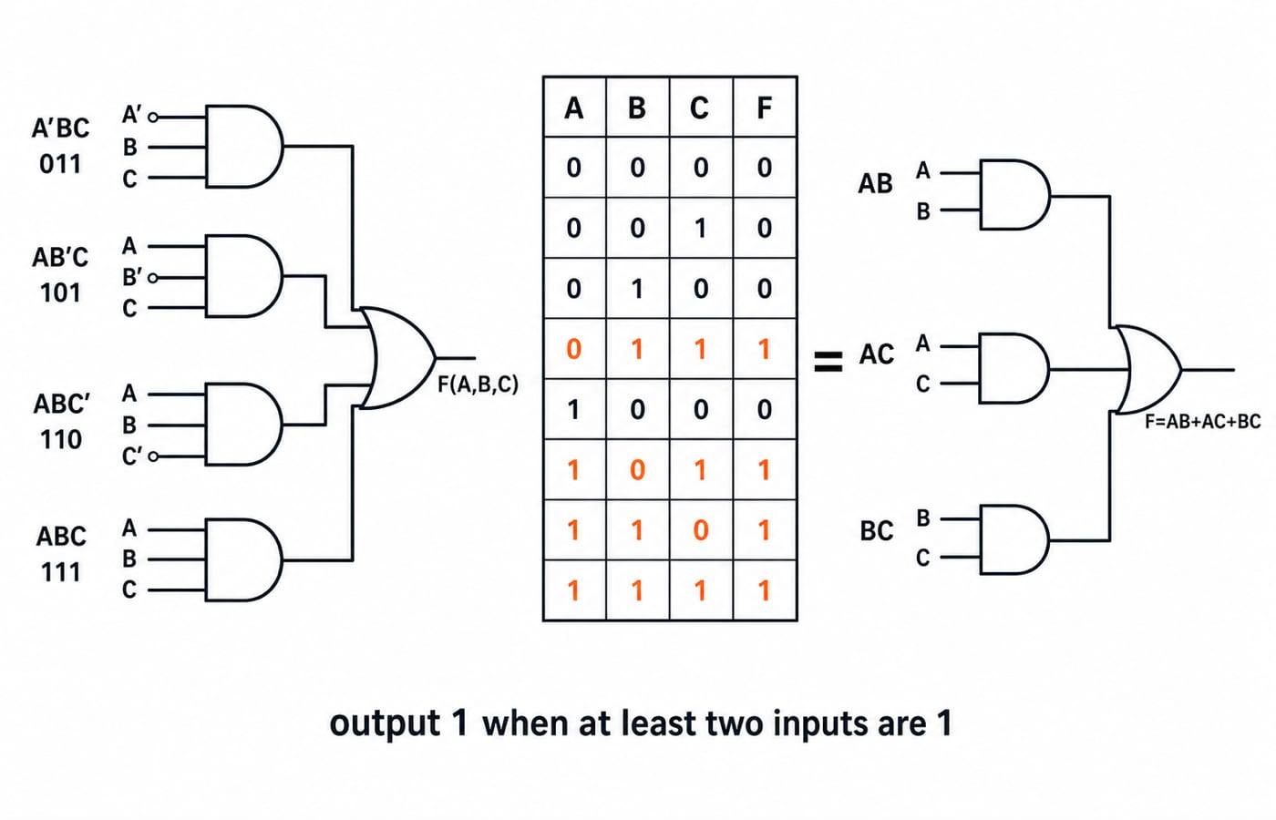 Equivalence figure for the majority function, showing the four-term circuit, its eight-row truth table, and the reduced form F=AB+AC+BC.