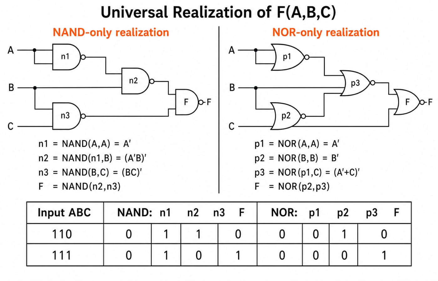 Four-gate NAND-only and NOR-only circuits for F(A,B,C) side by side, with node equations and traces for inputs 110 and 111.