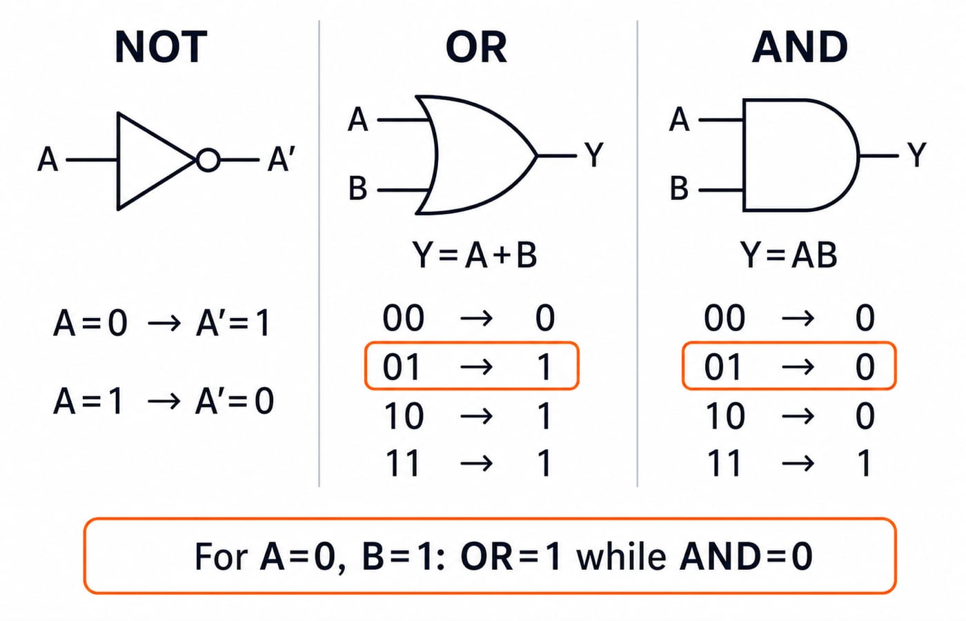 NOT, OR and AND gate symbols with truth-table rows, highlighting that A=0, B=1 gives OR=1 while AND=0.