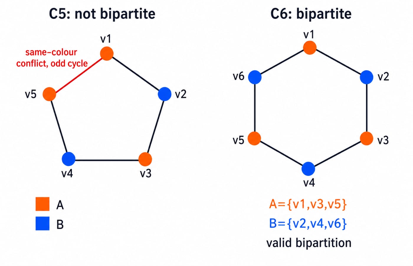 Two-colouring test: C5 fails at the closing edge v5v1, while C6 splits cleanly into {v1,v3,v5} and {v2,v4,v6}.