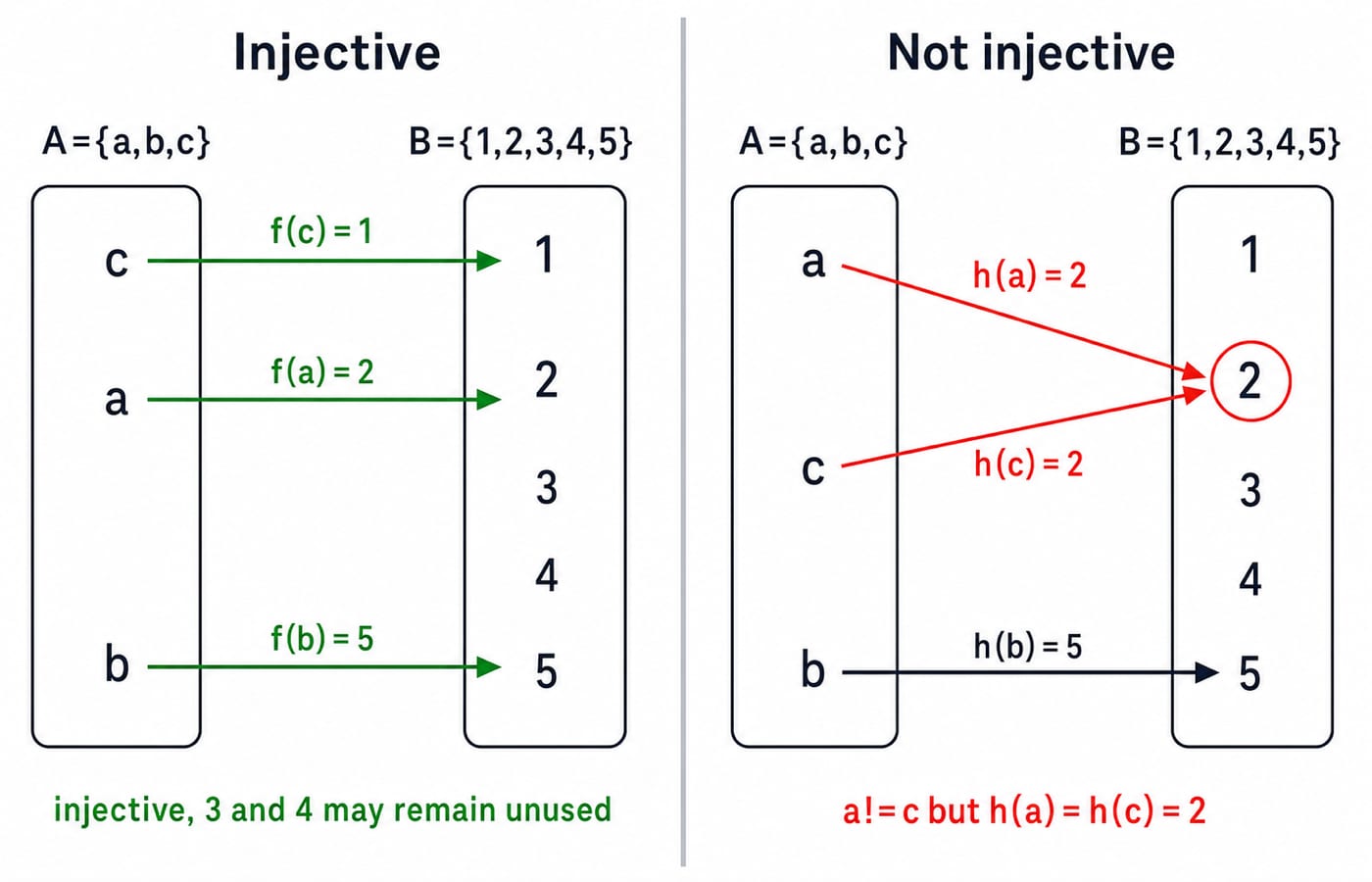 Arrow diagrams comparing an injective map from {a,b,c} to {1,2,3,4,5} with a second map where a and c both send to 2.